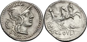 T. Cloelius. AR Denarius, 128 BC. D/ Helmeted head of Roma right; behind, wreath; below, ROMA. R/ Victory in biga right; below horses, ear of corn; in...