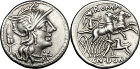 Cn. Domitius Ahenobarbus. AR Denarius, 128 BC. D/ Helmeted head of Roma right; behind, corn-ear; before, X. R/ Victory in biga right, holding reins an...