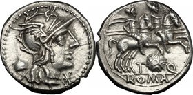 T. Quinctius Flamininus. AR Denarius, 126 BC. D/ Helmeted head of Roma right; below chin, X; behind flamen's cap. R/ The Dioscuri galloping right; bel...
