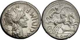 M. Cipius M.f. AR Denarius, 115 or 114 BC. D/ Helmeted head of Roma right; before, M. CIPI M. F; behind, X. R/ Victory in biga right, holding reins an...