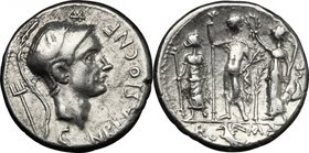 Cn. Blasio Cn. f. AR Denarius, 112-111 BC. D/ Helmeted head right (Scipio Africanus the Elder or Blasio?), [X] above, CN. BLASIO. CN.F. before and tri...