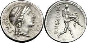 M. Herennius. AR Denarius, 108-107 BC. D/ PIETAS. Diademed head of Pietas right; under chin, horizontal I and dot. R/ M. HERENNI. One of the Catanean ...