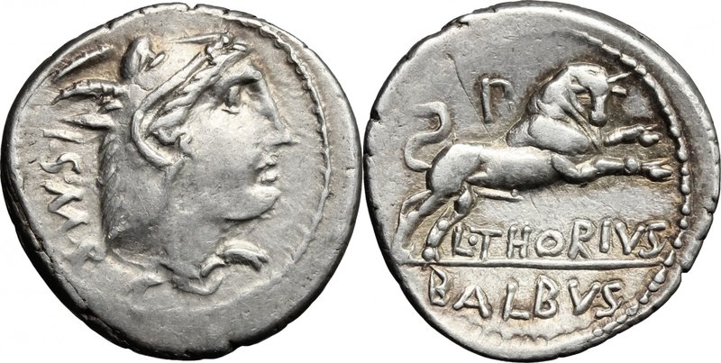 L. Thorius Balbus. AR Denarius, 105 BC. D/ Head of Juno of Lanuvium right, weari...