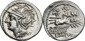 L. Appuleius Saturninus. AR Denarius, 104 BC. D/ Helmeted head of Roma left. R/ Saturn in quadriga right; above the horses, S and three dots; in exerg...