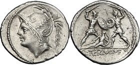 Q. Thermus. AR Denarius, 103 BC. D/ Helmeted head of Mars left. R/ Roman soldier fighting enemy in protection of fallen comrade; in exergue, Q. THERM....