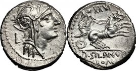 D. Silanus L.f. AR Denarius, 91 BC. D/ Helmeted head of Roma right; behind, L. R/ Victory in biga right; above, XXVI; in exergue, D. SILANVS D. SILANV...