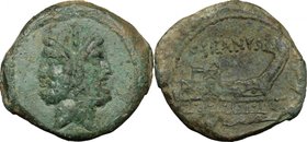 D. Silanus L.f. AE As, 91 BC. D/ Laureate head of bearded Janus; I above. R/ D. SILANVS L F. Prow right. Cr. 337/5. AE. g. 12.64 mm. 28.50 About EF. A...