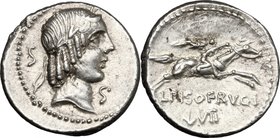 L. Calpurnius Piso Frugi. AR Denarius, 90 BC. D/ Laureate head of Apollo right; behind, S; below chin, S. R/ Horseman galloping right, holding palm; b...