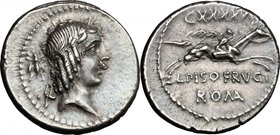 L. Calpurnius Piso Frugi. AR Denarius, 90 BC. D/ Laureate head of Apollo right; behind, fly (or ant). R/ Horseman galloping right, holding palm; above...