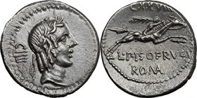 L. Calpurnius Piso Frugi. AR Denarius, 90 BC. D/ Laureate head of Apollo right; behind, CIIII. R/ Horseman galloping right, holding palm; above, CXXVI...
