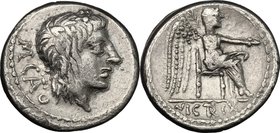 M. Cato. AR Quinarius, 89 BC. D/ M. CATO. Ivy-wreathed head of Liber right. R/ Victory seated right, holding patera and palm-branch; in exergue, VICTR...