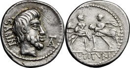 L. Titurius L. f. Sabinus. AR Denarius, 89 BC. D/ Bearded head of King Tatius right; before, TA legate; behind, SABIN. R/ Rape of the Sabine women; in...