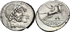C. Censorinus. AR Denarius, 88 BC. D/ Jugate heads of Numa Pompilius and Ancus Marcius right. R/ Two horses galloping right, rider on near one; below ...