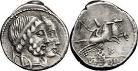 C. Censorinus. AR Denarius, 88 BC. D/ Jugate heads of Numa Pompilius and Ancus Marcius right. R/ Two horses galloping right, rider on near one; below ...
