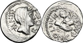 Mark Antony. AR Quinarius, 39 BC. D/ III VIR-RPC. Diademed head of Concordia right. R/ M. ANTON. C. CAESAR. Two hands clasped around caduceus. Cr. 529...