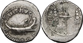 Mark Antony. AR Denarius, 32-31 BC, mint moving with M. Antony. D/ ANT. AVG. III. VIR. R.P.C. Praetorian galley right. R/ LEG XII ANTIQVAE. Legionary ...