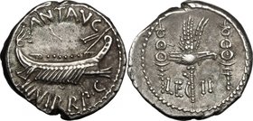 Mark Antony. AR Denarius, 32-31 BC. D/ ANT. AVG III VIR. R. P. C. Praetorian galley right. R/ LEG II. Legionary eagle between two standards. Cr. 544/1...