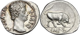 Augustus (27 BC-14 AD). AR Denarius, Lugdunum mint, 15 BC. D/ AVGVSTVS DIVI F. Bare head right. R/ Bull butting right; in exergue, IMP•X. RIC 167 a. A...