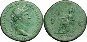 Nero (54-68). AE Sestertius, Rome mint. D/ NERO CLAVD CAESAR AVG GER PM TR P IMP PP. Laureate head right. R/ ROMA SC. Roma helmeted and in military dr...