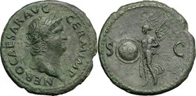 Nero (54-68). AE As, Rome mint. D/ NERO CAESAR AVG GERM IMP. Laureate head right. R/ SC. Victory flying left, holding shield inscribed SPQR. RIC 312. ...