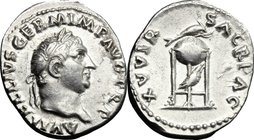 Vitellius (69 AD). AR Denarius, Rome mint. D/ A VITELLIVS GERM IMP AVG TR P. Laureate head right. R/ XV VIR SACR FAC. Tripod-lebes; dolphin right abov...