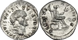 Vespasian (69-79). AR Denarius, 74 AD. D/ IMP CAESAR VESPASIANVS AVG. Laureate head right. R/ PON MAX TR P COS V. Vespasian seated right, holding bran...