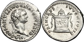 Domitian as Caesar (69-81). AR Denarius, 80 AD. D/ CAESAR DIVI F DOMITIANVS COS VII. Laureate head right. R/ PRINCEPS IVVENTVTIS. Altar garlanded and ...