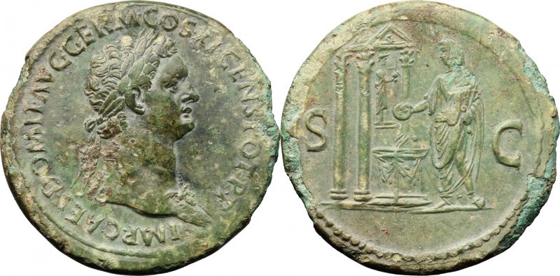 Domitian (81-96). AE Sestertius, Rome mint, 85 AD. D/ IMP CAES DOMIT AVG GERM CO...