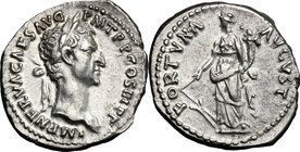 Nerva (96-98). AR Denarius, Rome mint. D/ IMP NERVA CAES AVG PM TR P COS III PP. Laureate head right. R/ FORTVNA AVGVST. Fortuna standing facing, head...