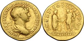 Trajan (98-117). AV Aureus, 114-117 AD. D/ IMP CAES NER TRAIANO OPTIMO AVG GER DAC. Laureate, draped and cuirassed bust right. R/ VOTA SVSCEPTA PM TR ...