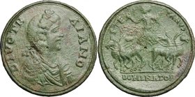 Trajan (98-117). AE Contorniate, struck in the name of Trajan. Rome mint, 360-425 AD. D/ DIVO TR-AIANO. Laureate, draped and cuirassed bust right. R/ ...