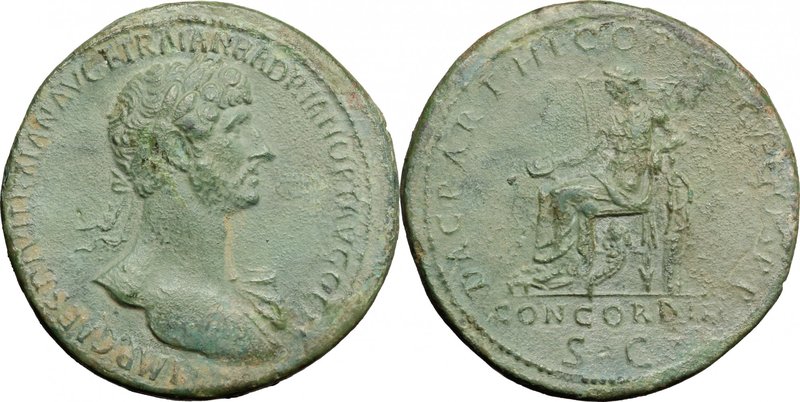 Hadrian (117-138). AE Sestertius, Rome mint, 117 AD. D/ IMP CAES DIVI TRAIAN AVG...