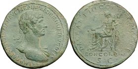 Hadrian (117-138). AE Sestertius, Rome mint, 117 AD. D/ IMP CAES DIVI TRAIAN AVG F TRAIAN HADRIAN OPT AVG GER. Laureate bust right, with drapery on le...