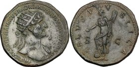 Hadrian (117-138). AE Dupondius, 119-121 AD. D/ IMP CAESAR TRAIANVS HADRIANVS AVG PM TRP COS III. Radiate bust right, with drapery on far shoulder. R/...