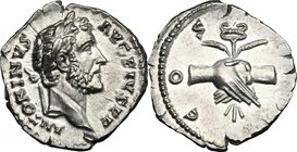 Antoninus Pius (138-161). AR Denarius, 145-161 AD. D/ ANTONINVS AVG PIVS PP. Laureate head right. R/ COS IIII. Clasped hands, holding caduceus and cor...