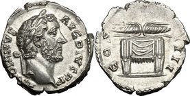 Antoninus Pius (138-161). AR Denarius, 145-161 AD. D/ ANTONINVS AVG PIVS PP. Laureate head right. R/ COS IIII. Winged thunderbolt on pulvinar of Jupit...