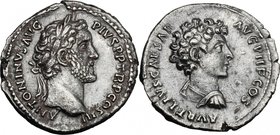 Antoninus Pius and Marcus Aurelius Caesar. AR Denarius, 140 AD. D/ ANTONINVS AVG PIVS PP TR P COS III. Laureate head of Antoninus Pius right. R/ AVREL...