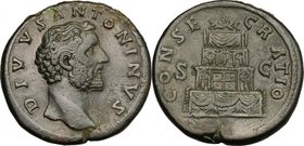 Antoninus Pius (138-161). AE Sestertius, struck under Marcus Aurelius. D/ DIVVS ANTONINVS. Bare head right. R/ CONSECRATIO SC. Funeral pyre of four ti...