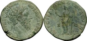 Marcus Aurelius (161-180). AE Sestertius, 179 AD. D/ M AVREL ANTONINVS AVG TR P XXXIII. Laureate head right. R/ FELICITAS AVG IMP X COS III PP SC. Fel...