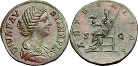 Faustina II, wife of Marcus Aurelius (died 176 AD). AE Sestertius, Rome mint, struck under M. Aurelius. D/ DIVA FAVSTINA PIA. Draped bust right, hair ...