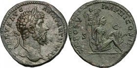 Lucius Verus (161-169). AE Sestertius, 165 AD. D/ L VERVS AVG ARM PARTH MAX. Laureate head right. R/ TR POT V IMP III COS II SC. Parthian seated right...