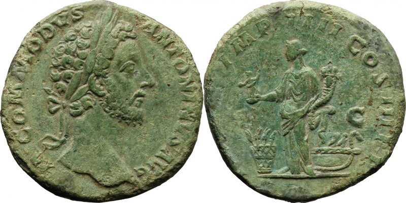 Commodus (177-192). AE Sestertius, 181-182 AD. D/ M COMMODVS ANTONINVS AVG. Laur...