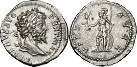 Septimius Severus (193-211). AR Denarius, Rome mint, 200-201 AD. D/ SEVERVS AVG PART MAX. Laureate head right. R/ VIRT AVGG. Virtus standing left, hol...