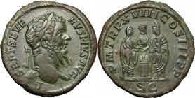 Septimius Severus (193-211). AE Sestertius, 210 AD. D/ L SEPT SEVERVS PIVS AVG. Laureate bust right. R/ PM TR P XVIII COS III PP SC. Severus and Carac...
