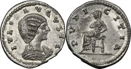 Julia Domna, wife of Septimius Severus (died 217 AD). AR Denarius, Laodicea ad Mare mint, c. 198-202 AD. D/ IVLIA AVGVSTA. Draped bust right. R/ PVDIC...