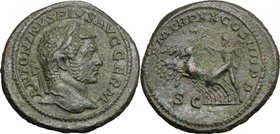 Caracalla (198-217). AE As, Rome mint, 214-217 AD. D/ ANTONINVS PIVS AVG GERM. Laureate head right. R/ PM TR P XX COS IIII PP SC. Sol mounting quadrig...