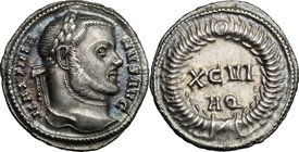 Maximian (286-310). AR Argenteus, Aquileia mint, 300 AD. D/ MAXIMIANVS AVG. Laureate head right. R/ XCVI/AQ within wreath. RIC 16 b (R3); C. 697 (Fr.2...