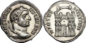 Constantius I Chlorus as Caesar (293-305 AD). AR Argenteus, Ticinum mint, c. 294 AD. D/ CONSTANTI-VS CAESAR. Laureate head right. R/ VIRTVS-MILITVM. T...