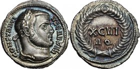 Constantius I Chlorus as Caesar (293-305). AR Argenteus, Aquileia mint. D/ CONSTANTIVS CAESAR. Laureate head right. R/ XCVI/AQ within werath. RIC 17 a...