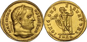 Galerius as Caesar (293-305). AV Aureus, Aquileia mint, 303-305 AD. D/ MAXIMIANVS CAESAR. Laureate head right. R/ IOVI CONSERVATORI. Jupiter standing ...
